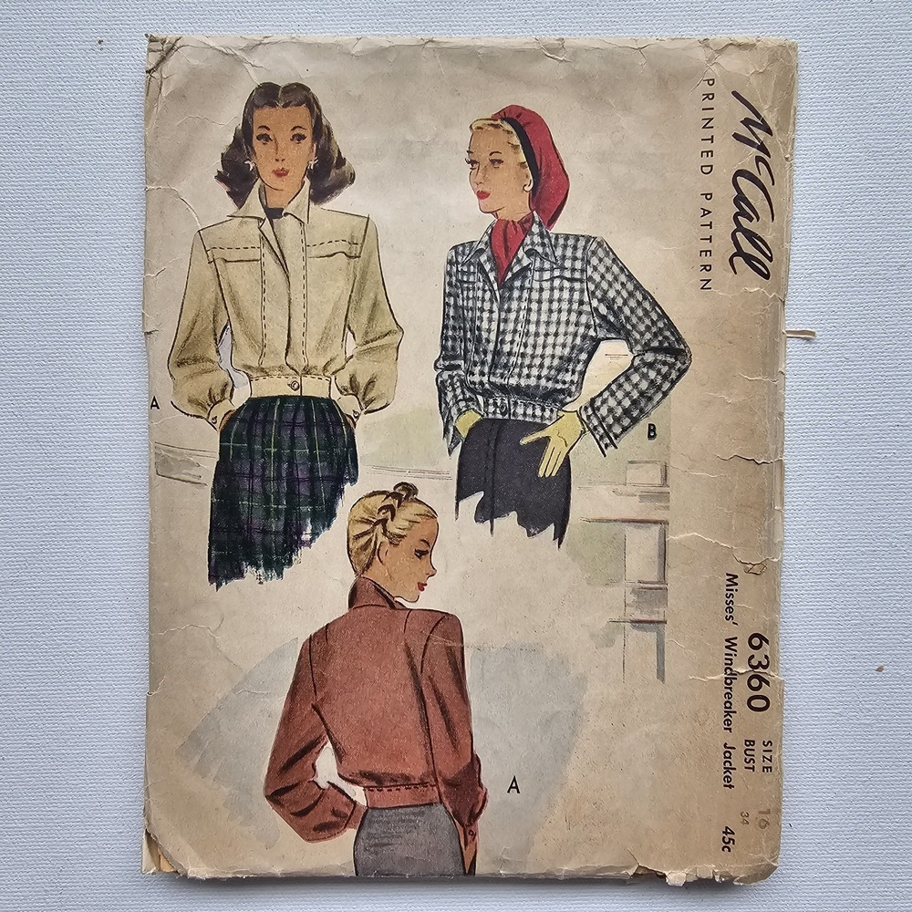 1940s Vintage 34" Simplicity 6360 Windbreaker Jacket Waist Crop Sewing Pattern